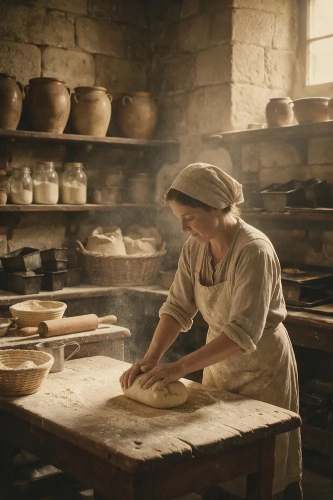 A baker shaping dough by hand on a worn wooden bench in an old stone bakery